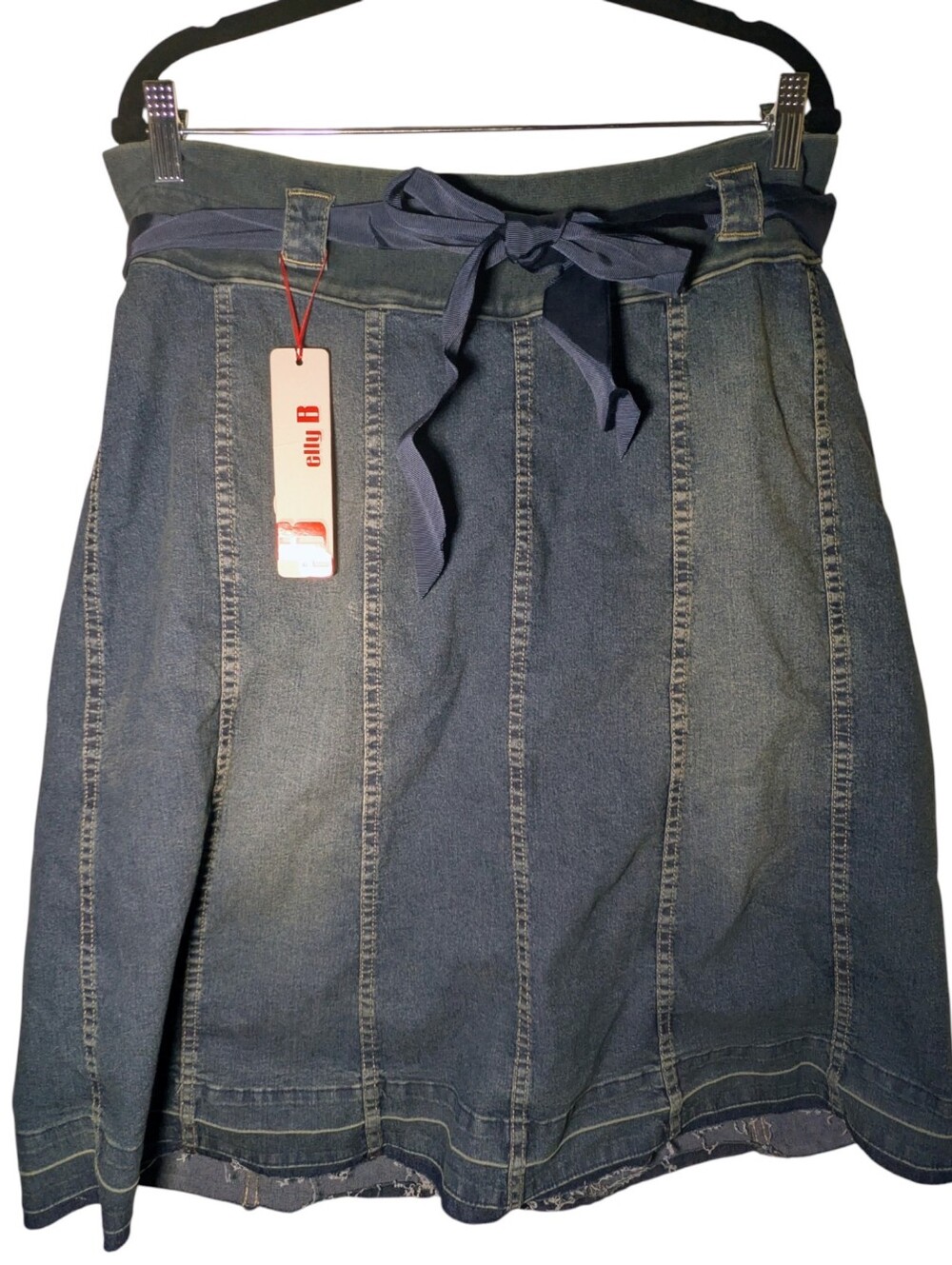 NWT elly B by Olian Denim Paneled Midi Skirt Ribbon Belt Size XL